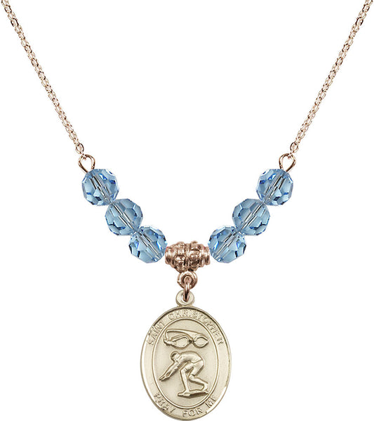 14kt Gold Filled Saint Christopher/Swimming Birthstone Necklace with Aqua Beads - 8511