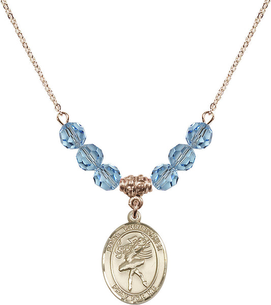 14kt Gold Filled Saint Christopher/Dance Birthstone Necklace with Aqua Beads - 8512