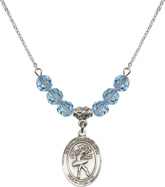 Sterling Silver Saint Christopher/Dance Birthstone Necklace with Aqua Beads - 8512