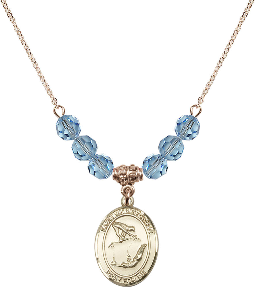 14kt Gold Filled Saint Christopher/Gymnastics Birthstone Necklace with Aqua Beads - 8513