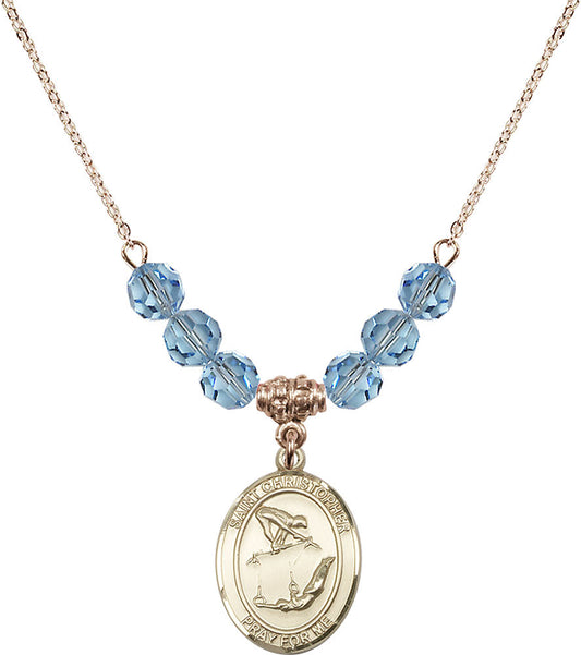 14kt Gold Filled Saint Christopher/Gymnastics Birthstone Necklace with Aqua Beads - 8513