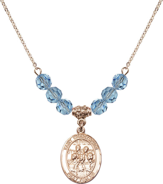 14kt Gold Filled Saint Christopher / Choir Birthstone Necklace with Aqua Beads - 8514
