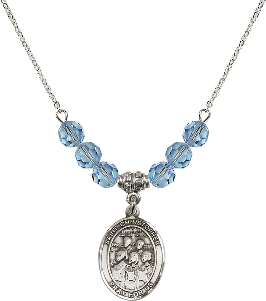 Sterling Silver Saint Christopher / Choir Birthstone Necklace with Aqua Beads - 8514