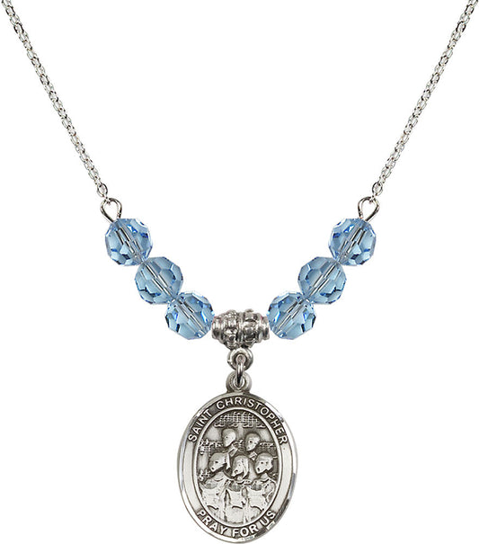 Sterling Silver Saint Christopher / Choir Birthstone Necklace with Aqua Beads - 8514