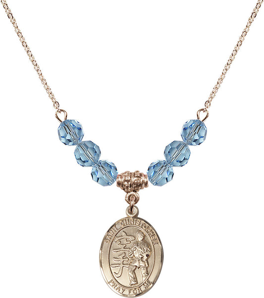 14kt Gold Filled Saint Christopher / Karate Birthstone Necklace with Aqua Beads - 8515