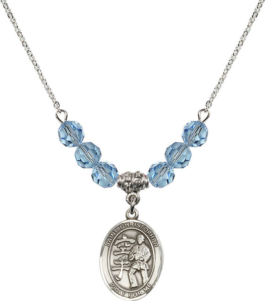 Sterling Silver Saint Christopher / Karate Birthstone Necklace with Aqua Beads - 8515
