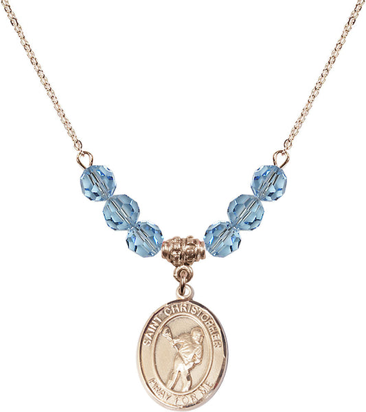 14kt Gold Filled Saint Christopher/Lacrosse Birthstone Necklace with Aqua Beads - 8516