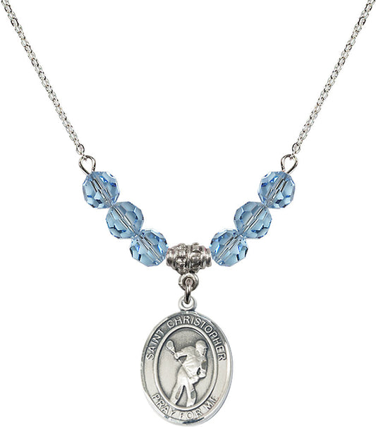 Sterling Silver Saint Christopher/Lacrosse Birthstone Necklace with Aqua Beads - 8516