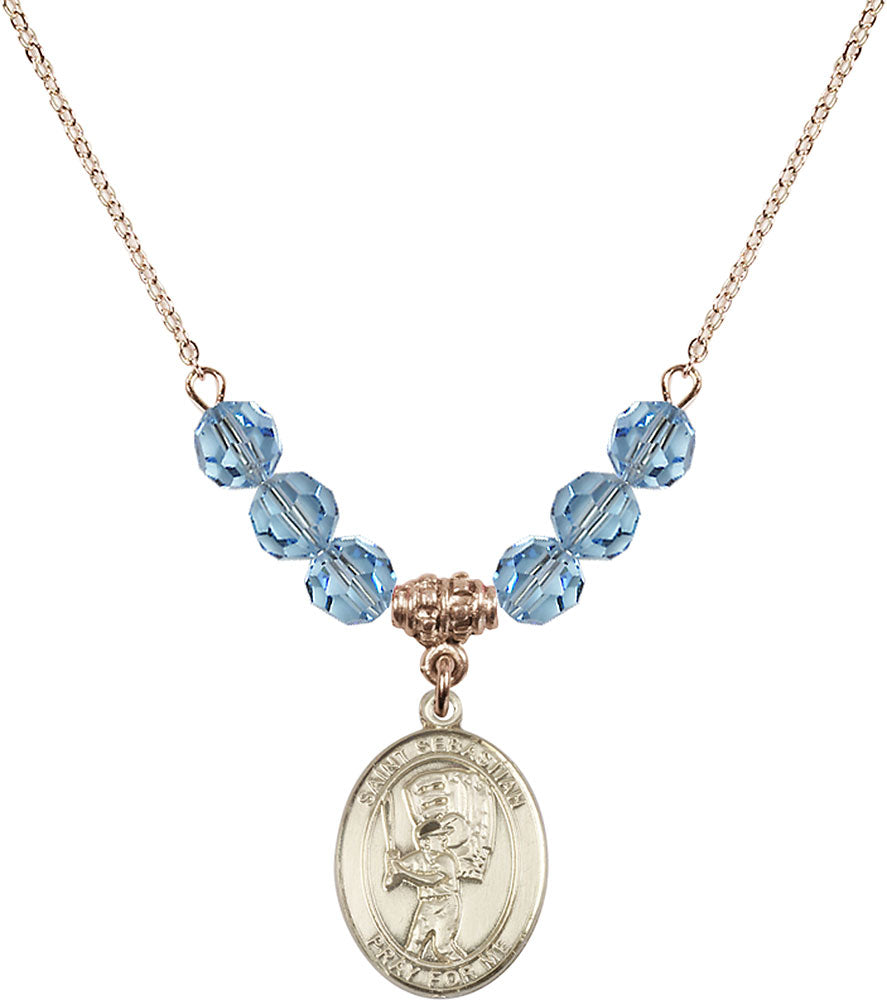 14kt Gold Filled Saint Sebastian / Baseball Birthstone Necklace with Aqua Beads - 8600
