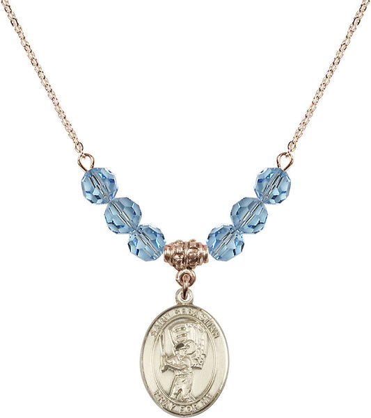 14kt Gold Filled Saint Sebastian / Baseball Birthstone Necklace with Aqua Beads - 8600