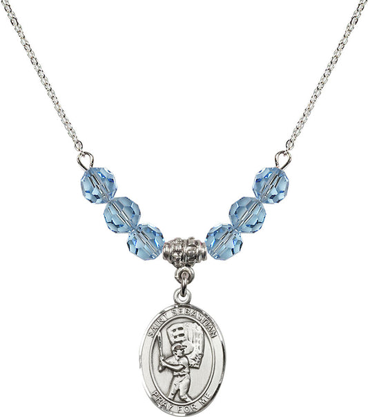 Sterling Silver Saint Sebastian / Baseball Birthstone Necklace with Aqua Beads - 8600