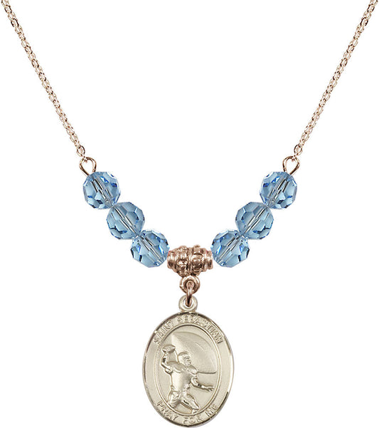 14kt Gold Filled Saint Sebastian / Football Birthstone Necklace with Aqua Beads - 8601