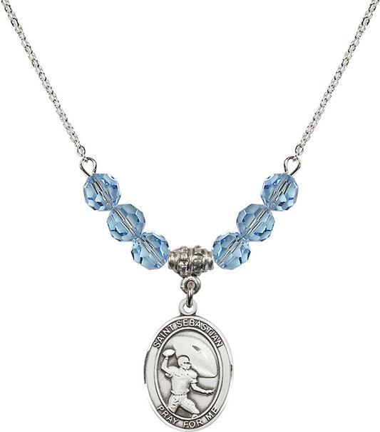 Sterling Silver Saint Sebastian / Football Birthstone Necklace with Aqua Beads - 8601