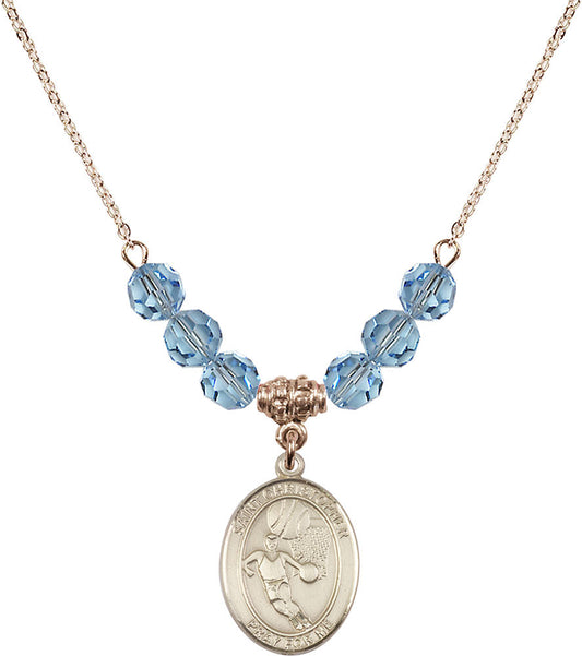 14kt Gold Filled Saint Sebastian/Basketball Birthstone Necklace with Aqua Beads - 8602