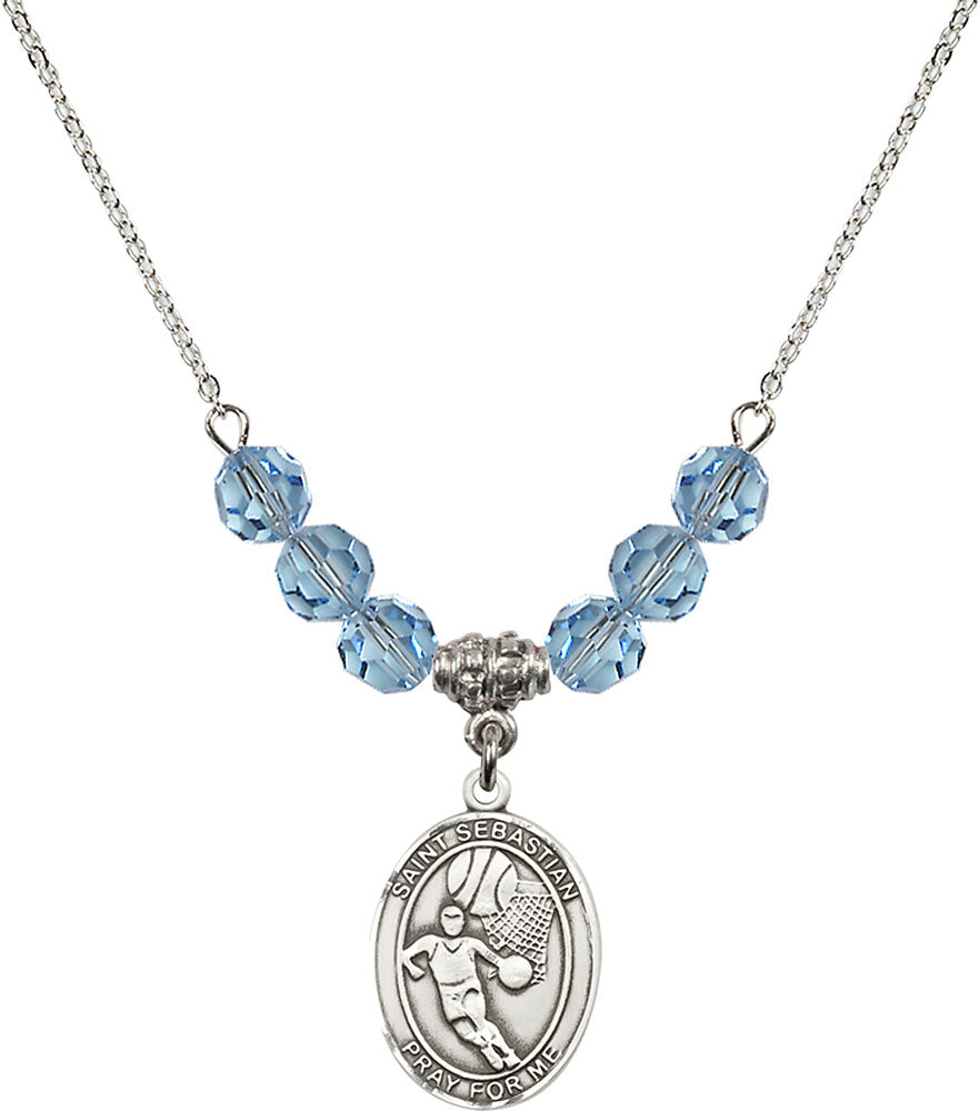Sterling Silver Saint Sebastian/Basketball Birthstone Necklace with Aqua Beads - 8602