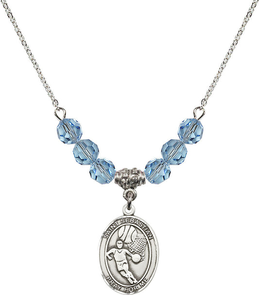 Sterling Silver Saint Sebastian/Basketball Birthstone Necklace with Aqua Beads - 8602