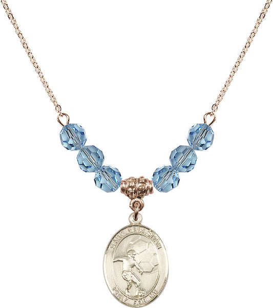 14kt Gold Filled Saint Sebastian / Soccer Birthstone Necklace with Aqua Beads - 8603