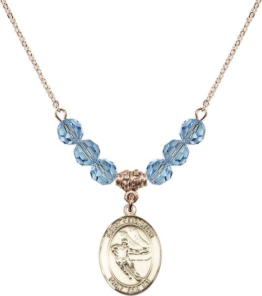 14kt Gold Filled Saint Sebastian / Hockey Birthstone Necklace with Aqua Beads - 8604