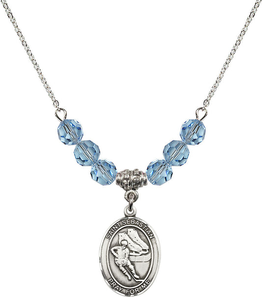 Sterling Silver Saint Sebastian / Hockey Birthstone Necklace with Aqua Beads - 8604