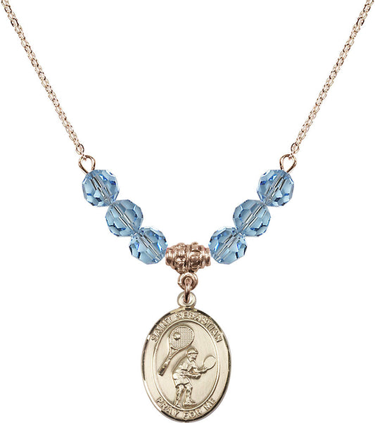 14kt Gold Filled Saint Sebastian / Tennis Birthstone Necklace with Aqua Beads - 8605
