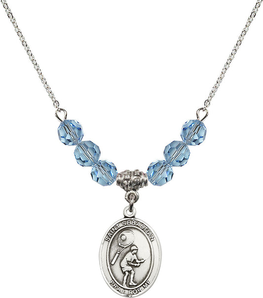 Sterling Silver Saint Sebastian / Tennis Birthstone Necklace with Aqua Beads - 8605