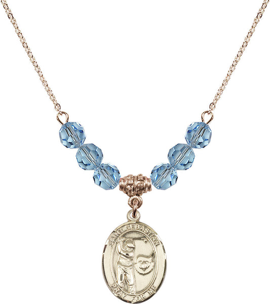 14kt Gold Filled Saint Sebastian / Golf Birthstone Necklace with Aqua Beads - 8606
