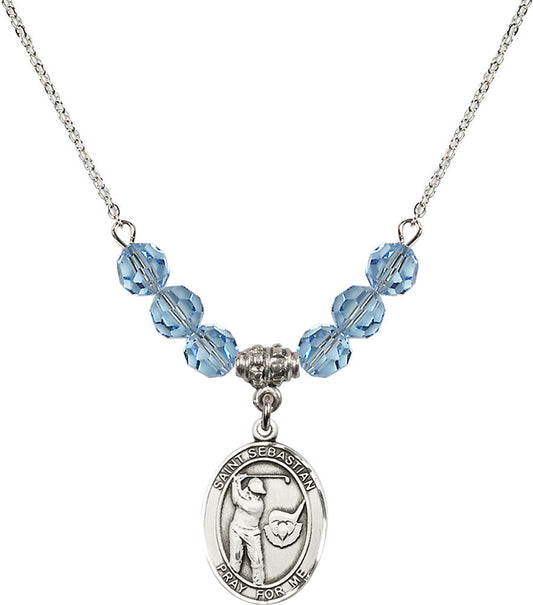 Sterling Silver Saint Sebastian / Golf Birthstone Necklace with Aqua Beads - 8606