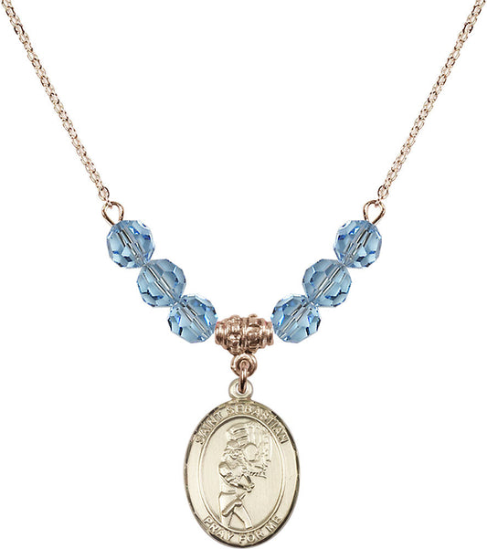 14kt Gold Filled Saint Sebastian/Softball Birthstone Necklace with Aqua Beads - 8607