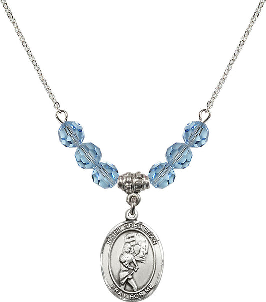 Sterling Silver Saint Sebastian/Softball Birthstone Necklace with Aqua Beads - 8607