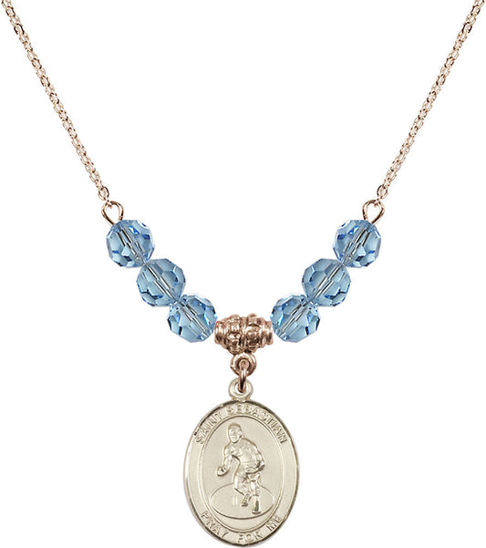 14kt Gold Filled Saint Sebastian/Wrestling Birthstone Necklace with Aqua Beads - 8608