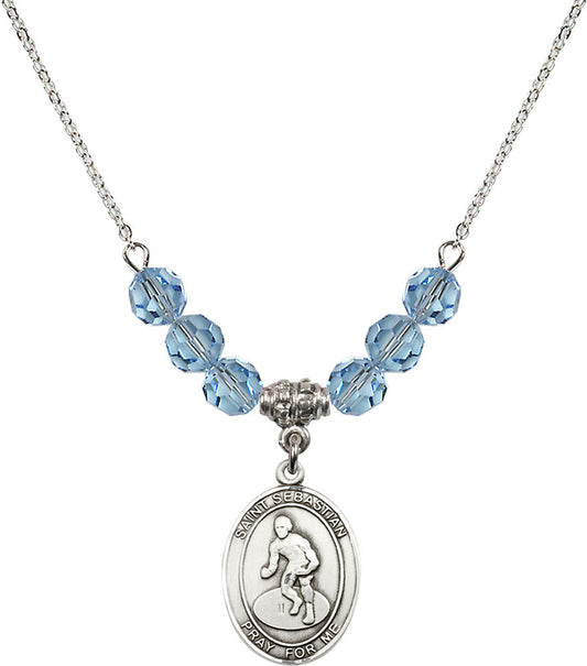 Sterling Silver Saint Sebastian/Wrestling Birthstone Necklace with Aqua Beads - 8608
