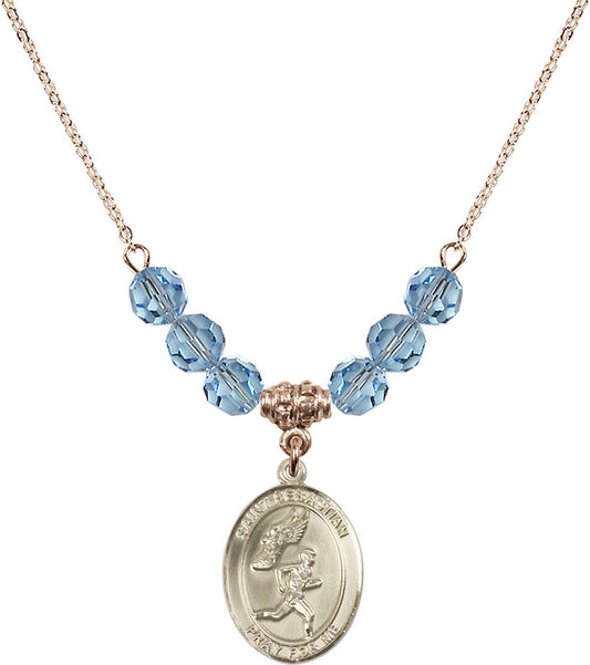 14kt Gold Filled Saint Sebastian /Track&Field-Men Birthstone Necklace with Aqua Beads - 8609