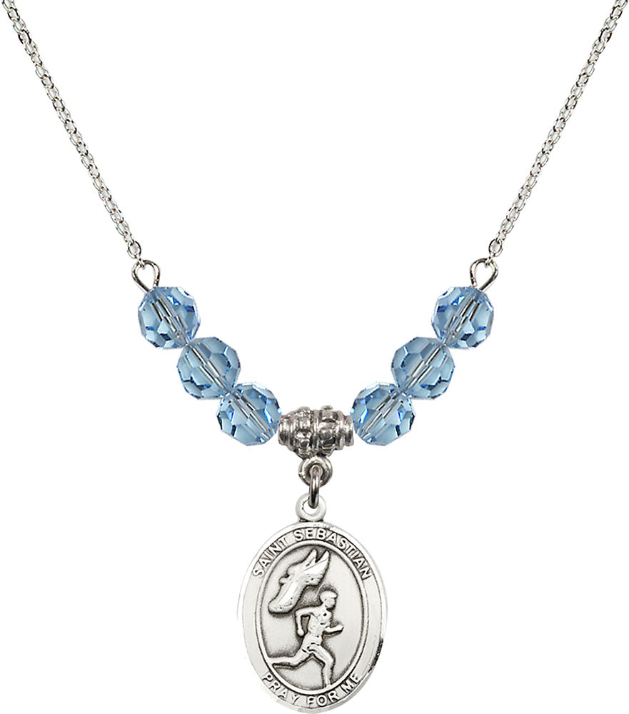 Sterling Silver Saint Sebastian /Track&Field-Men Birthstone Necklace with Aqua Beads - 8609