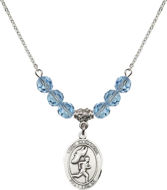 Sterling Silver Saint Sebastian /Track&Field-Men Birthstone Necklace with Aqua Beads - 8609
