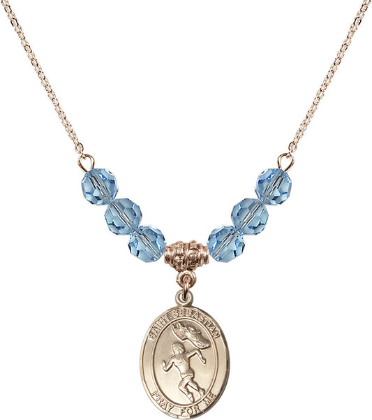 14kt Gold Filled Saint Sebastian /Track&Field-Women Birthstone Necklace with Aqua Beads - 8610