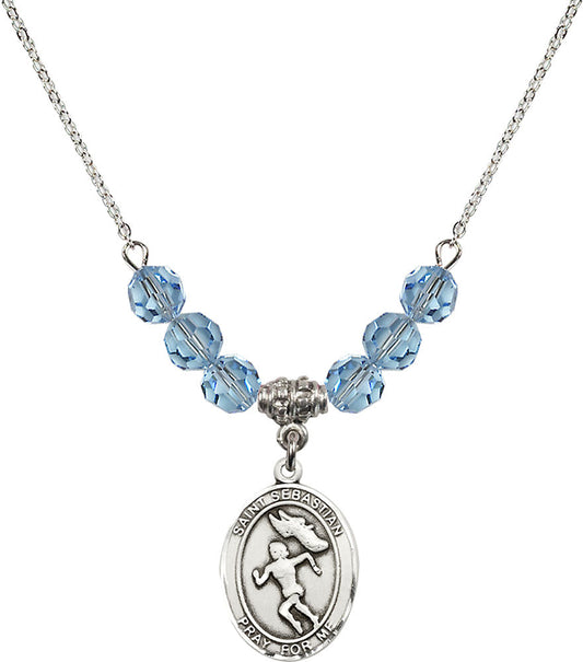 Sterling Silver Saint Sebastian /Track&Field-Women Birthstone Necklace with Aqua Beads - 8610