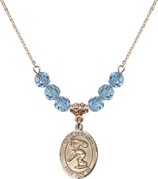 14kt Gold Filled Saint Sebastian/Swimming Birthstone Necklace with Aqua Beads - 8611