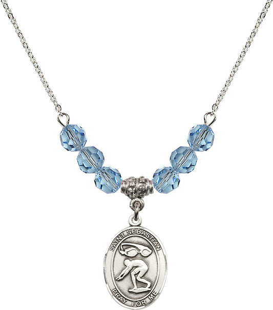 Sterling Silver Saint Sebastian/Swimming Birthstone Necklace with Aqua Beads - 8611