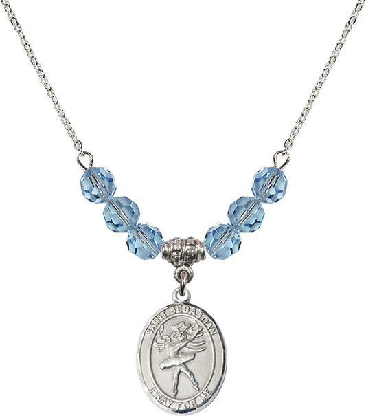 Sterling Silver Saint Sebastian / Dance Birthstone Necklace with Aqua Beads - 8612