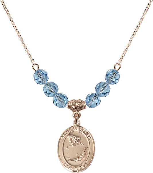 14kt Gold Filled Saint Sebastian/Gymnastics Birthstone Necklace with Aqua Beads - 8613