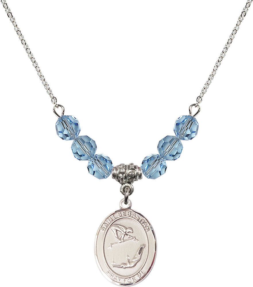 Sterling Silver Saint Sebastian/Gymnastics Birthstone Necklace with Aqua Beads - 8613