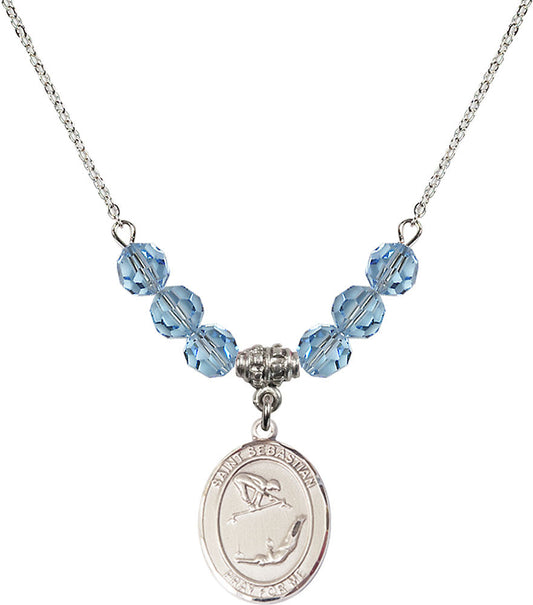 Sterling Silver Saint Sebastian/Gymnastics Birthstone Necklace with Aqua Beads - 8613