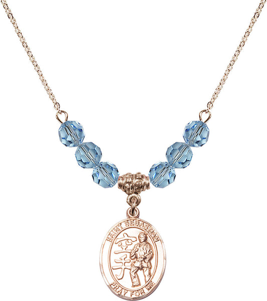 14kt Gold Filled Saint Sebastian/Karate Birthstone Necklace with Aqua Beads - 8615
