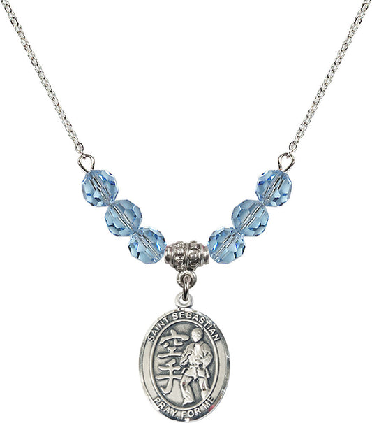 Sterling Silver Saint Sebastian/Karate Birthstone Necklace with Aqua Beads - 8615