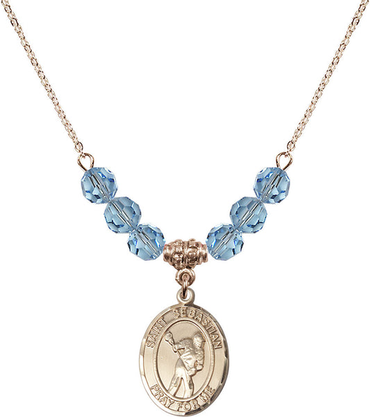 14kt Gold Filled Saint Sebastian/Lacrosse Birthstone Necklace with Aqua Beads - 8616