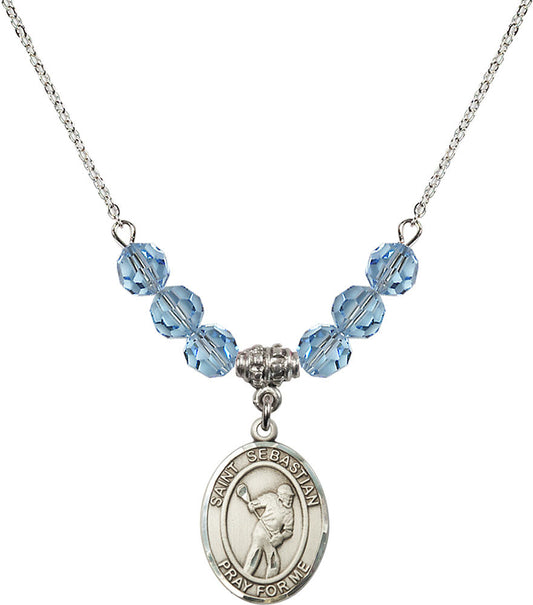 Sterling Silver Saint Sebastian/Lacrosse Birthstone Necklace with Aqua Beads - 8616