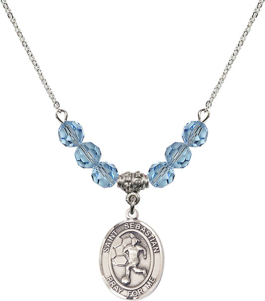 Sterling Silver Saint Sebastian/Soccer-Women Birthstone Necklace with Aqua Beads - 8617