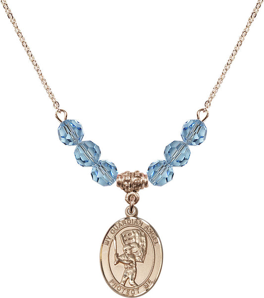 14kt Gold Filled Guardian Angel/Baseball Birthstone Necklace with Aqua Beads - 8700