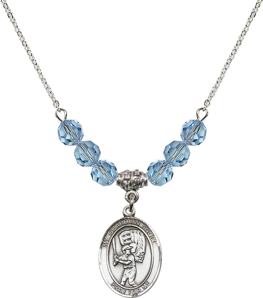 Sterling Silver Guardian Angel/Baseball Birthstone Necklace with Aqua Beads - 8700