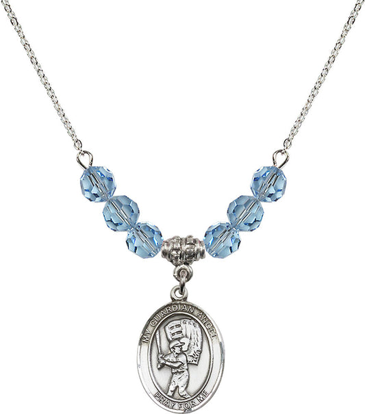 Sterling Silver Guardian Angel/Baseball Birthstone Necklace with Aqua Beads - 8700